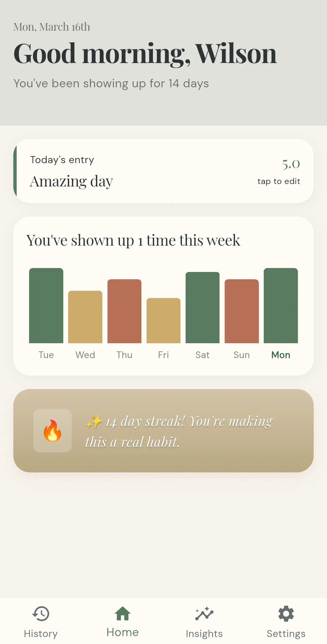 MyMoodBetter home screen: greeting, today's entry card, weekly mood bars and a 14-day streak card.